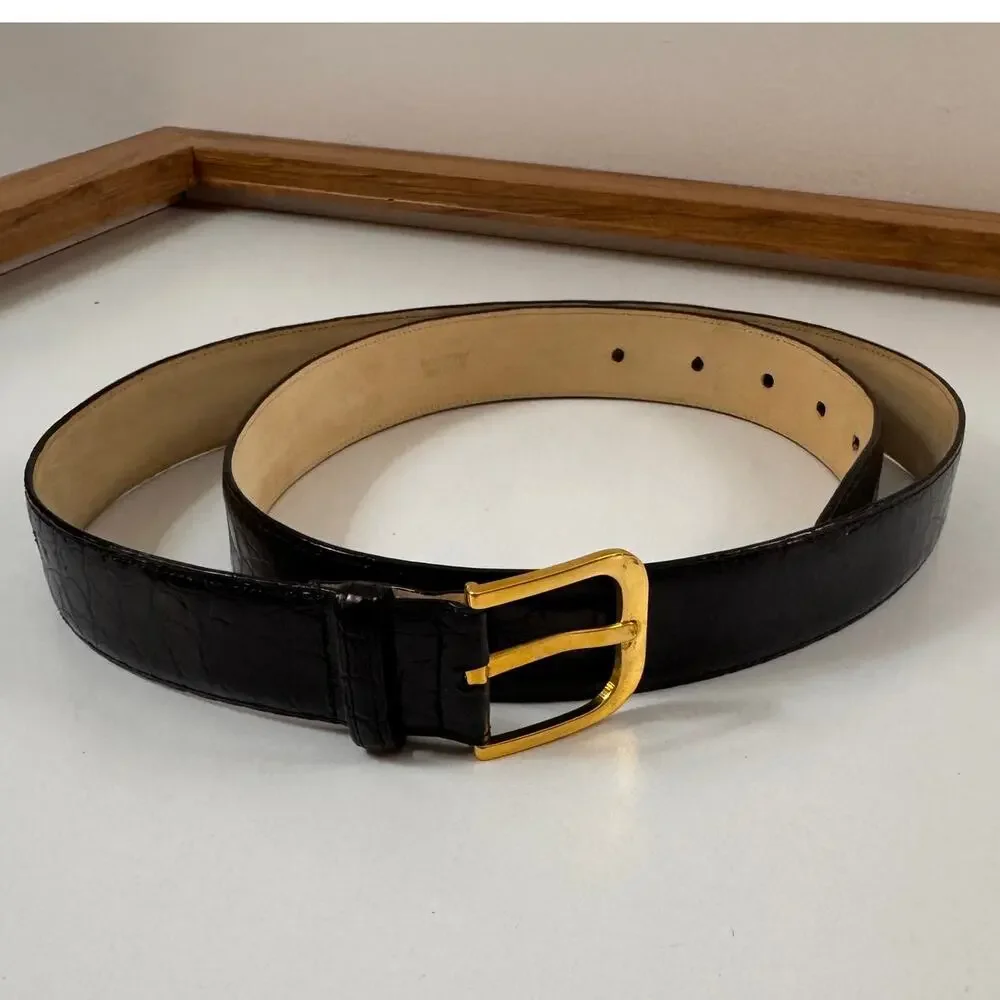 T. Anthony Men French Calf Belt Black Alligator Embossed Leather Gold Buckle 38